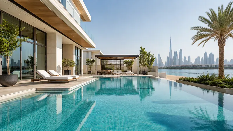 Modern luxury private swimming pool built by a Dubai pool contractor at a contemporary villa